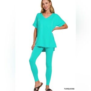 NWT ZENANA BRUSHED DTY MICROFIBER SHORT SLV V Neck LOUNGEWEAR SET